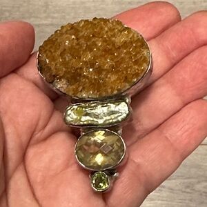 Large Druzy Quartz Pearl Citrine and Peridot Sterling Silver Pendant Slide